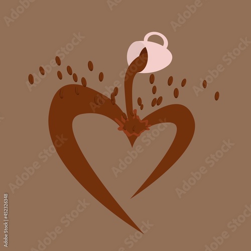 Coffee break, arabica, coffee beans, aromatic drink. The coffee pours out of the cup and turns into a heart. Flat vector illustration template, suitable for background, banner