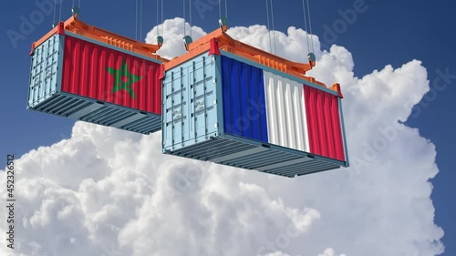 Freight containers with Morocco and France national flags. 3D Rendering 