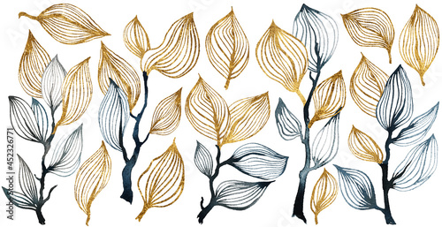 OLA gold and watercolor black tree branches with leaves  minimalist twig illustrations