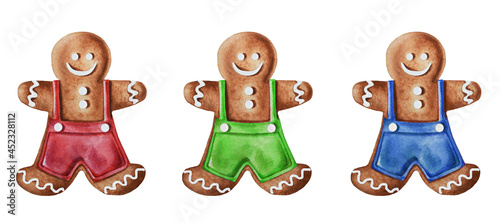 Christmas gingerbread. Gingerbread mans . Watercolor illustration. Closeup. Hand drawn.
 photo