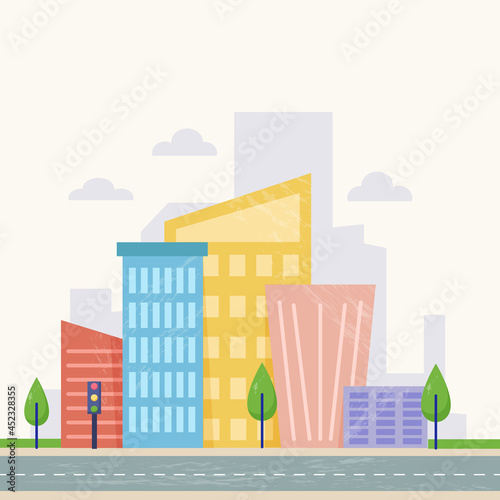 Green district of suburb with colorful houses and skyscraper silhouettes at background.