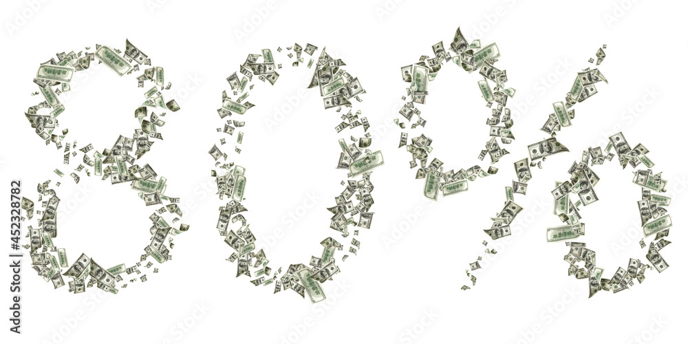 Us dollar bill number 80. Washington American cash. Falling usd money background.