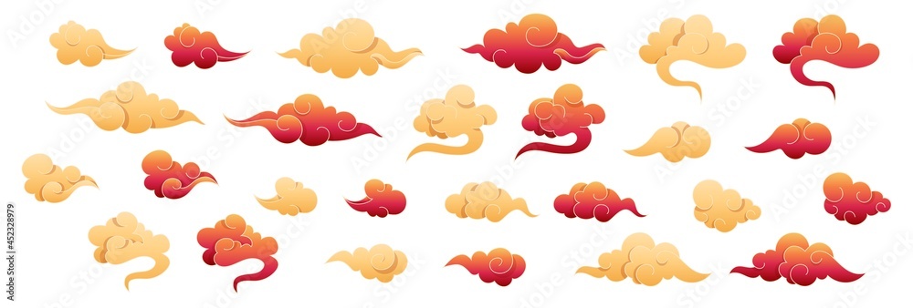 Fototapeta premium Chinese clouds collection. Red and gold clouds in oriental style. Design japanese elements set. Asian traditional cloudy ornaments. Decorative sky on isolated white background. Vector illustration.
