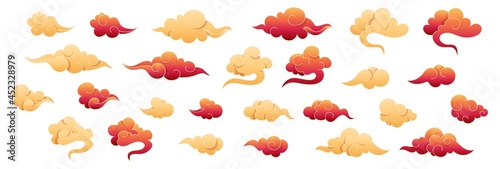 Chinese clouds collection. Red and gold clouds in oriental style. Design japanese elements set. Asian traditional cloudy ornaments. Decorative sky on isolated white background. Vector illustration.