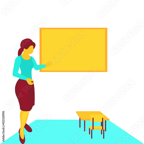 Atmosphere in the classroom There were only young no face female teachers. standing on light blue floor in front of the board and tables and chairs where no students sit.Vector isolate flat design.