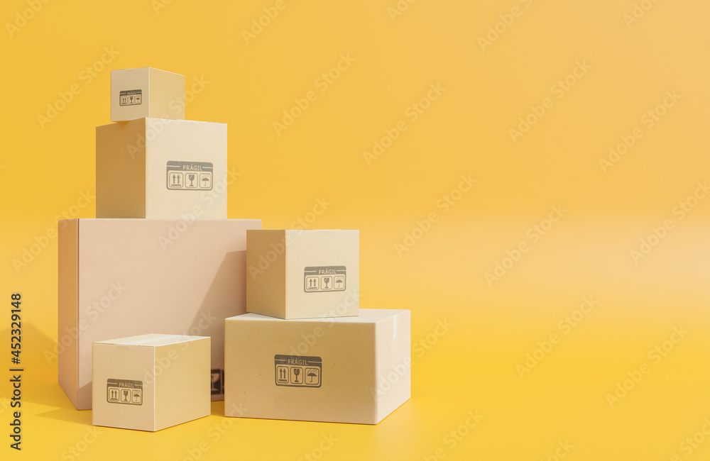 Heap of cardboard boxes for the delivery of goods, parcels on yellow background.,3d model and illustration. Heap of cardboard boxes for the delivery of goods, parcels on yellow background.,3d model and illustration.