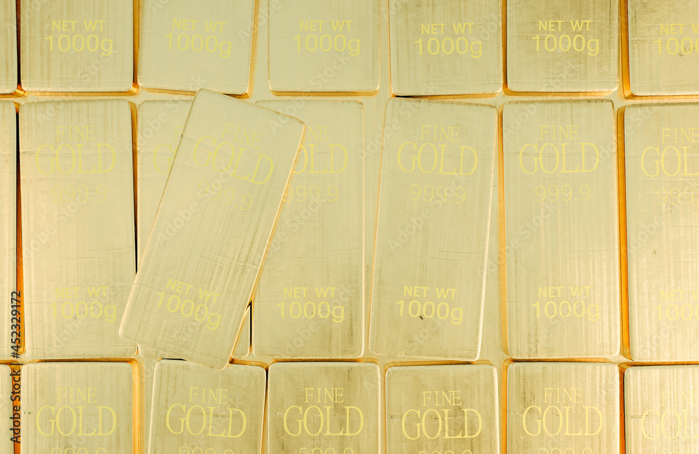 Obraz premium Stack close-up Gold Bars weight of 1000 grams.,Concept of success in business and finance.,3d model and illustration.