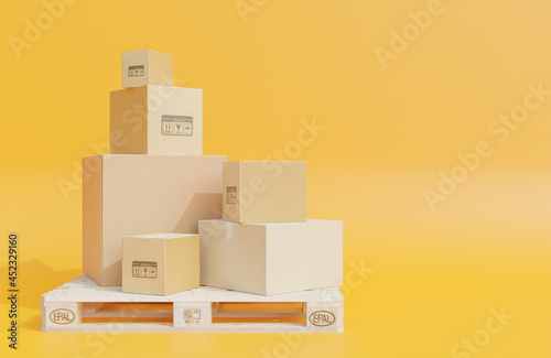 Heap of cardboard boxes for the delivery of goods on wooden pallet, parcels on yellow background.,3d model and illustration. © sukanda
