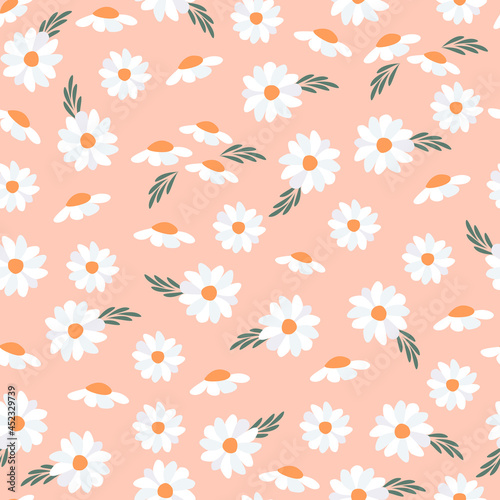 Floral seamless pattern. White flowers isolated on coral background. Vector illustration.