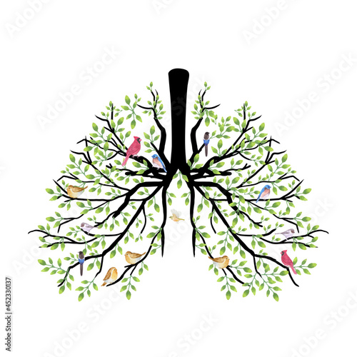 Human lungs full of birds nest and green leaves watercolor