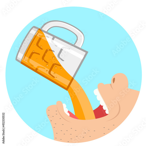 Beer is pouring from the glass into the mouth. Oktoberfest