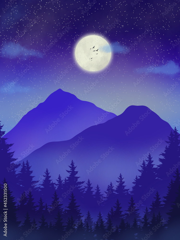 Fototapeta premium Beautiful scenery blue mountain with moon