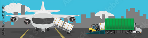 Transportation of conveying and unloading goods. Containers that slide down from the aircraft along the conveyor. Forklift cars load containers onto container trucks. Airport and city for background.
