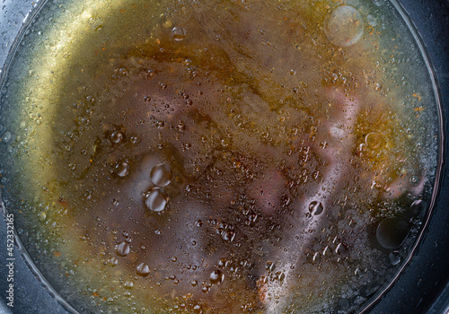 Drops of fat in a frying pan, dirty skillet, macro photo. photo