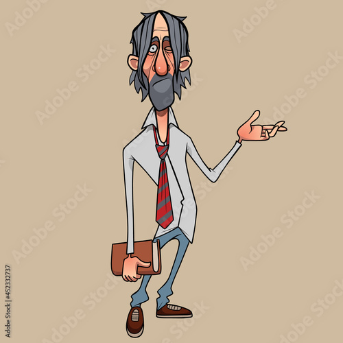 cartoon casually dressed man in a shirt with a tie in disbelief points his hand to the side