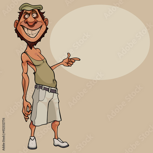 cartoon comic smiling man in summer clothes points finger at blank banner
