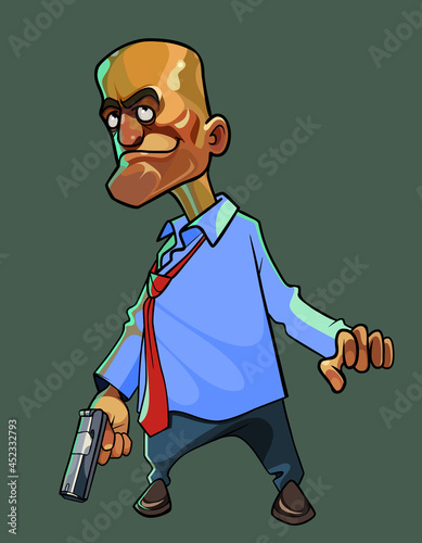 cartoon menacing man in a shirt with a tie stands with a gun in his hand