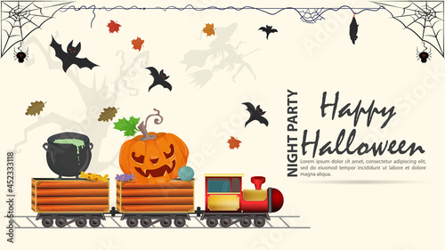 A steam locomotive carries a pumpkin and a potion for the Halloween holiday flat illustration