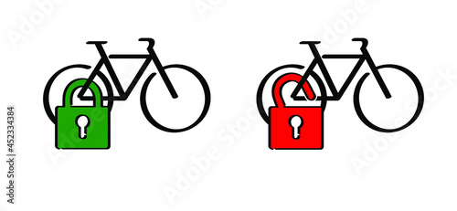 Cartoon sport cyclist with padlock, look or unlook pictogram. Mobile cycling security rental icon. Funny vector bike sign. Sports symbol. Blocked or unblocked cycling logo or pictogram. Line pattern.