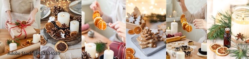 Zero waste, eco friendly christmas concept. Pack gifts in recyclable craft paper, decorate table with cone, dry orange, pine branch, ribbons. Cook gingerbread cookies. Create holiday atmosphere photo