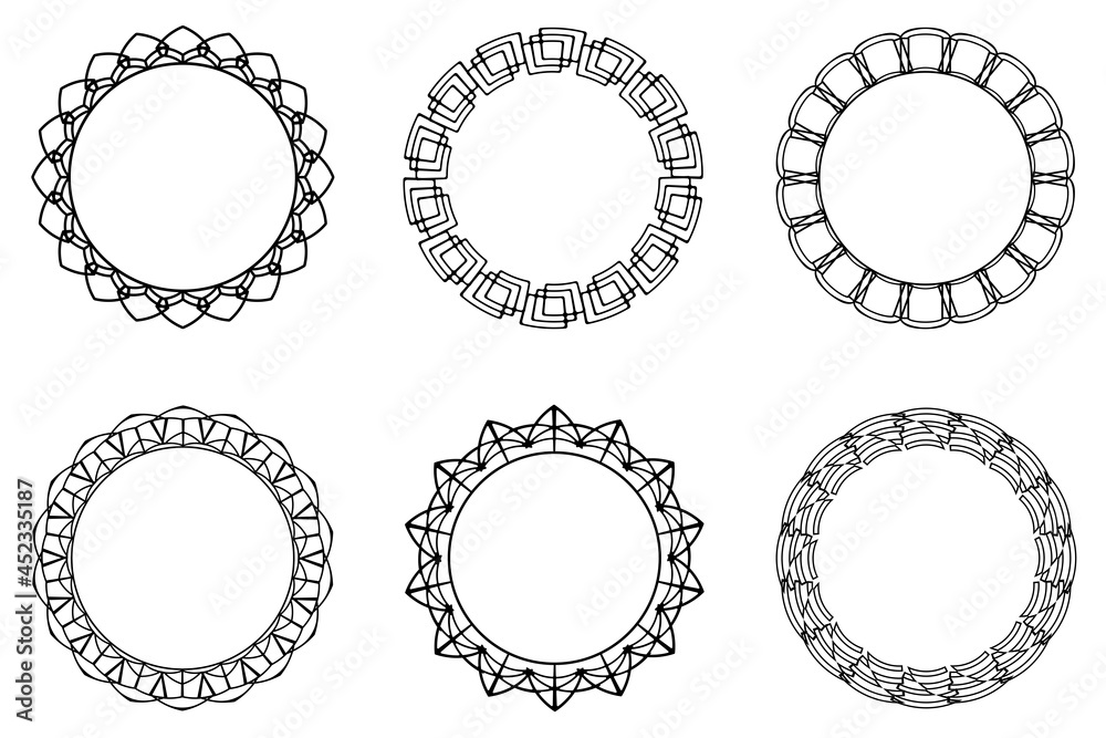 abstract frame set, Collection of black linear ornate frames. Rounded abstract frames, copy space for yout text and picture. abstract frame set, Collection of black linear ornate frames. Rounded abstract frames, copy space for yout text and picture.