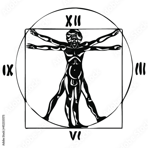 Stylization of the Vitruvian man silhouette and the dial of the clock. Vector illustration. 