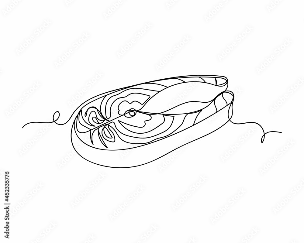 Continuous one line drawing of slice of fish icon in silhouette on a white background. Linear stylized. Continuous one line drawing of slice of fish icon in silhouette on a white background. Linear stylized.