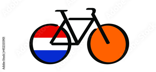 Cartoon sport cyclist with the flag of the Netherlands. Cycling icon. Funny vector Dutch bike signs. Sports orange symbol. Clipart, comic cycling logo or pictogram. Line pattern.
