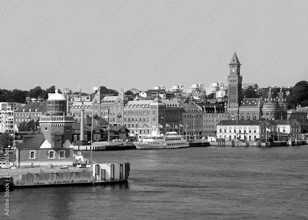 Fototapeta premium Helsingborg City Hall and the Harbour View from Ferry, Helsingborg, Sweden in Monochrome