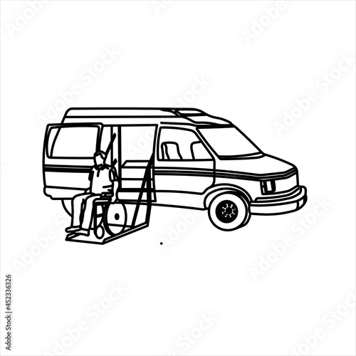 Vector design of a person in a wheelchair getting out of a car