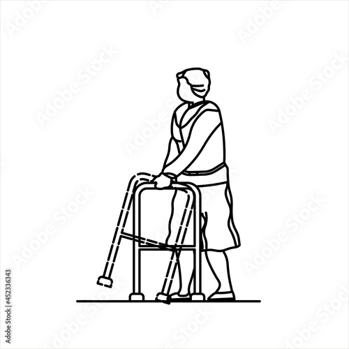 Vector design of a sketch of a person learning to walk with a walker
