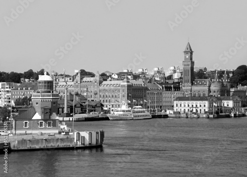 Helsingborg City Hall and the Harbour View from Ferry, Helsingborg, Sweden in Monochrome