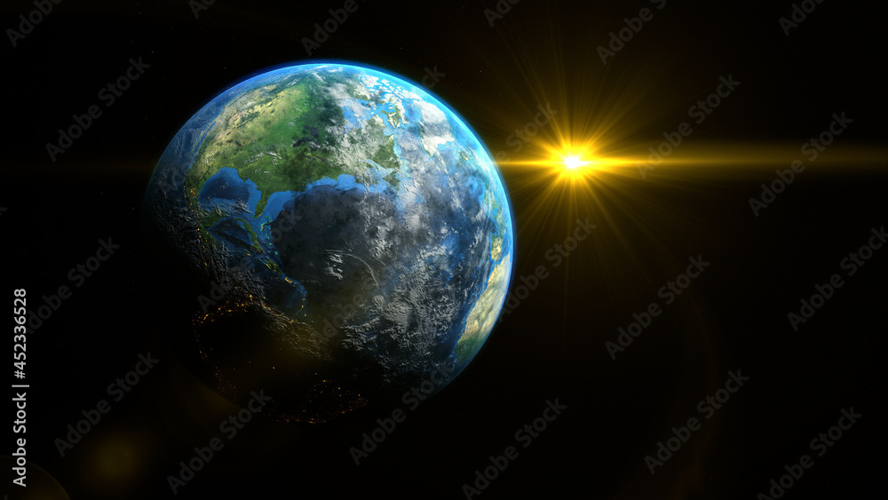 Naklejka premium Sunrise and shadow on the earth rotate in space with star in universe. World realistic atmosphere 3D volumetric clouds texture surface. Elements of this image are furnished by NASA