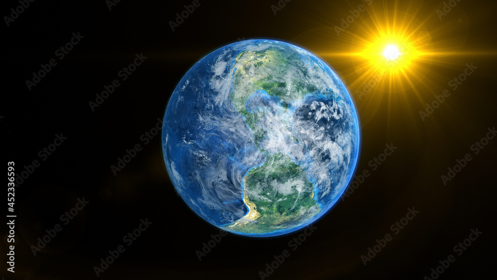 Sunrise on the earth rotate in space with star in universe. World realistic atmosphere 3D volumetric clouds texture surface. Elements of this image are furnished by NASA Sunrise on the earth rotate in space with star in universe. World realistic atmosphere 3D volumetric clouds texture surface. Elements of this image are furnished by NASA