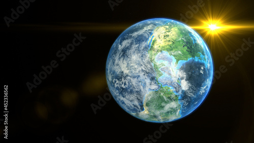 Sunrise on the earth rotate in space with star in universe. World realistic atmosphere 3D volumetric clouds texture surface.  Elements of this image are furnished by NASA
