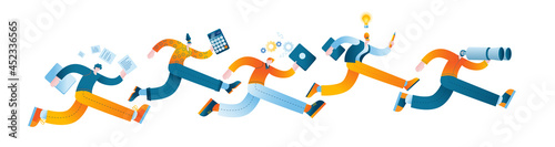The manager with binoculars leads the department. The concept of a vector illustration in a flat style on the theme of teamwork and leadership.