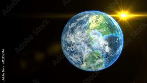 Sunrise on the earth rotate in space with star in universe. World realistic atmosphere 3D volumetric clouds texture surface.  Elements of this image are furnished by NASA
