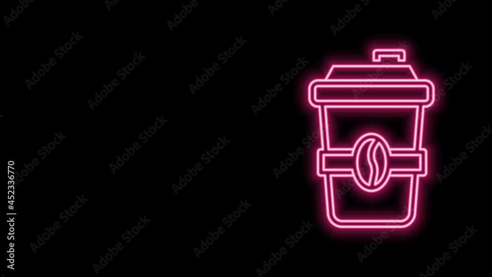 Glowing neon line Coffee cup to go icon isolated on black background. 4K Video motion graphic animation Glowing neon line Coffee cup to go icon isolated on black background. 4K Video motion graphic animation
