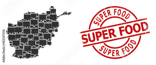 Scratched Super Food stamp seal, and banner collage of Afghanistan map. Red round seal includes Super Food caption inside circle. Afghanistan map mosaic is constructed of banner rotated items.