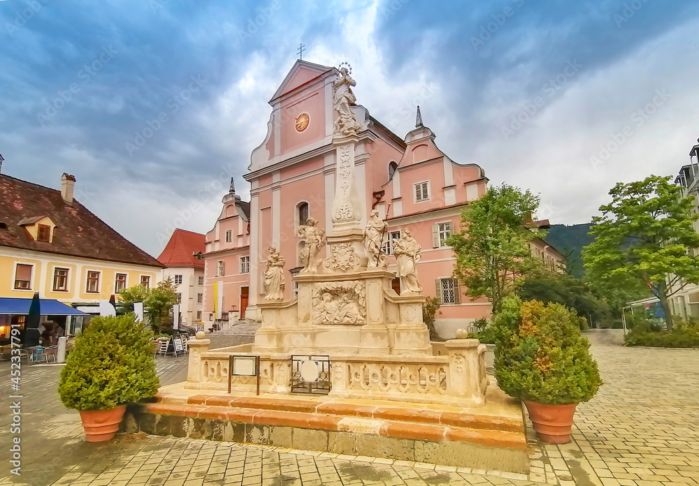 The Parish Church in the main square of the charming little town of Frohnleiten in the district of Graz-Umgebung, Styria region, Austria