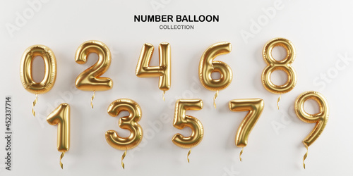Isolate of golden number balloon 0 to 9 on white background for decorate merry Christmas , Happy new year ,valentine's day and Birthday cerebration party by 3D rendering. photo
