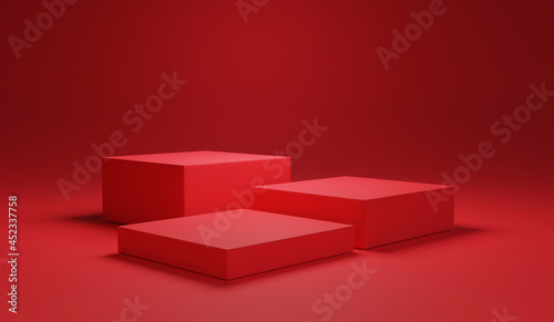 Minimal red colour of three blank cube podium and background for showing product presentation , 3D rendering technical concept.