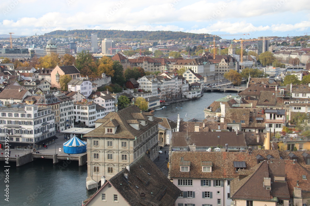 A view from Grossmünster (Romanesque-style Protestant church) of  Zurich Switzerland and Limmat river.