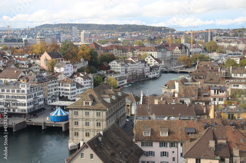 A view from Grossmünster (Romanesque-style Protestant church) of Zurich Switzerland and Limmat river.