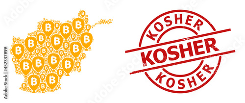 Distress Kosher stamp seal, and bitcoin balloon collage of Afghanistan map. Red round stamp includes Kosher title inside circle. Afghanistan map collage is constructed of bitcoin balloon rotated dots.