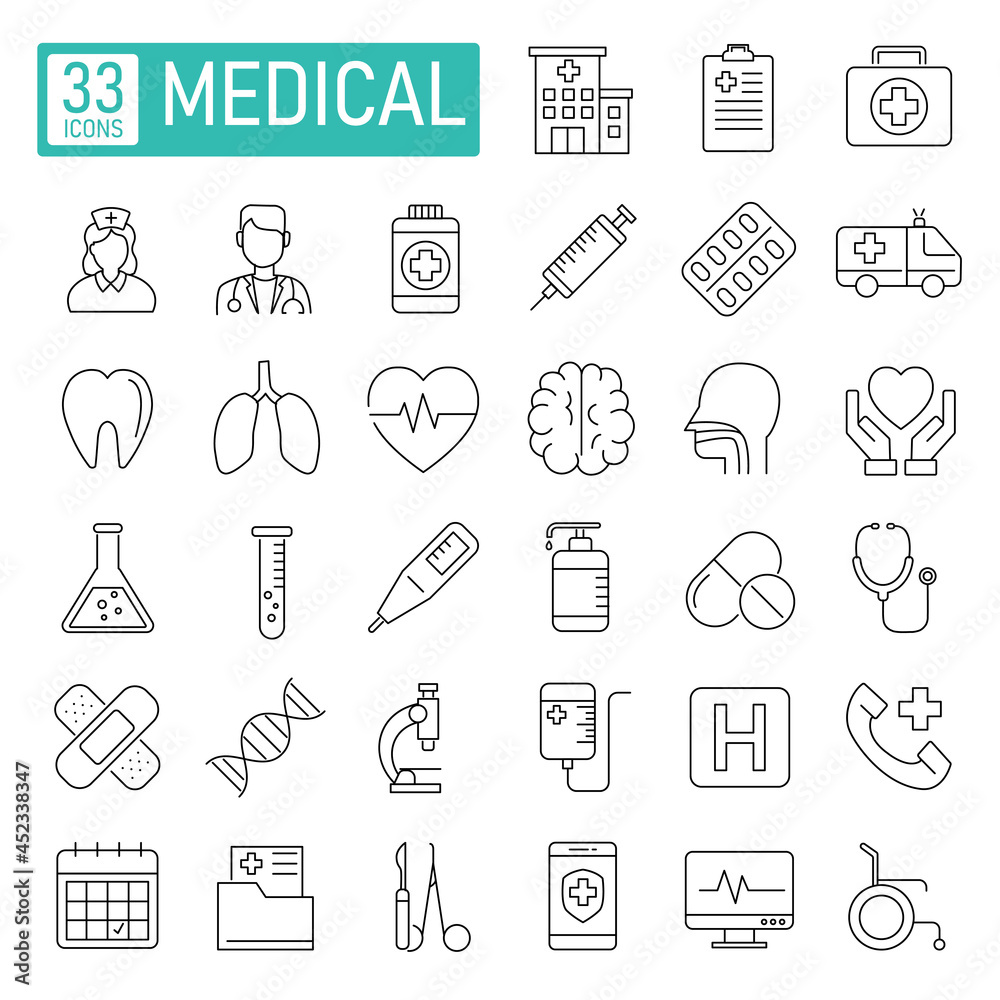 medicine and health outline icons set. hospital thin line symbol collection. treatment and medicine sign linear. vector illustration in flat style modern design. isolated on white background.