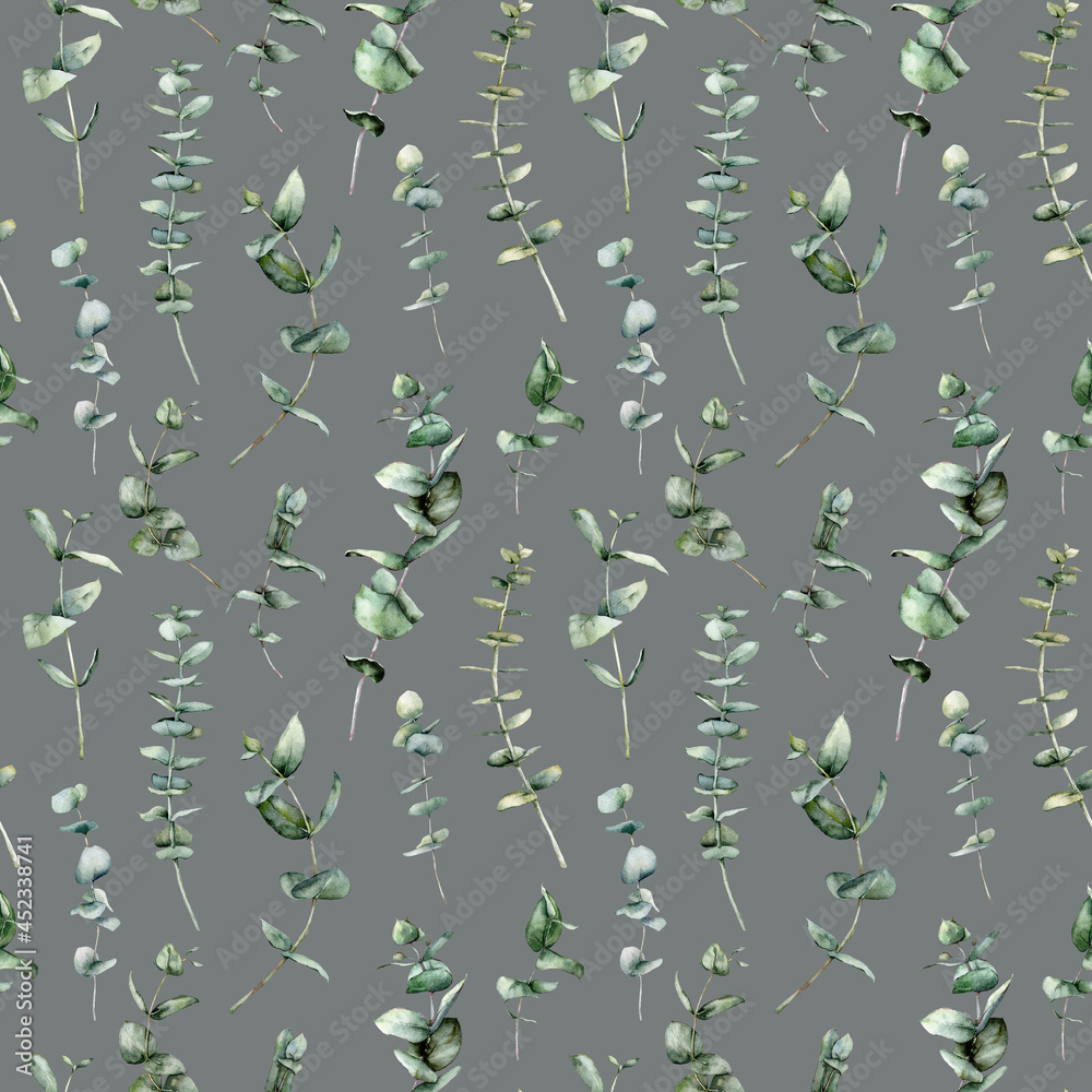 Watercolor seamless pattern of eucalyptus branches and leaves. Hand painted plants isolated on light gray background. Floral illustration for design, print, fabric or background.