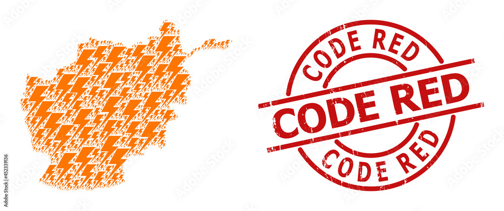 Scratched Code Red stamp, and electric strike collage of Afghanistan map. Red round stamp contains Code Red title inside circle. Scratched Code Red stamp, and electric strike collage of Afghanistan map. Red round stamp contains Code Red title inside circle.