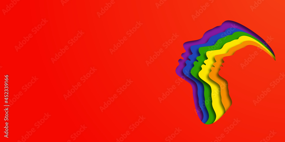Obraz premium Design LGBTQ + PRIDE. People's faces in LGBT colors. Paper cut. Minority problem. Pride parade. Coexistence harmony and multicultural community integration. Space for text. Copy space.
