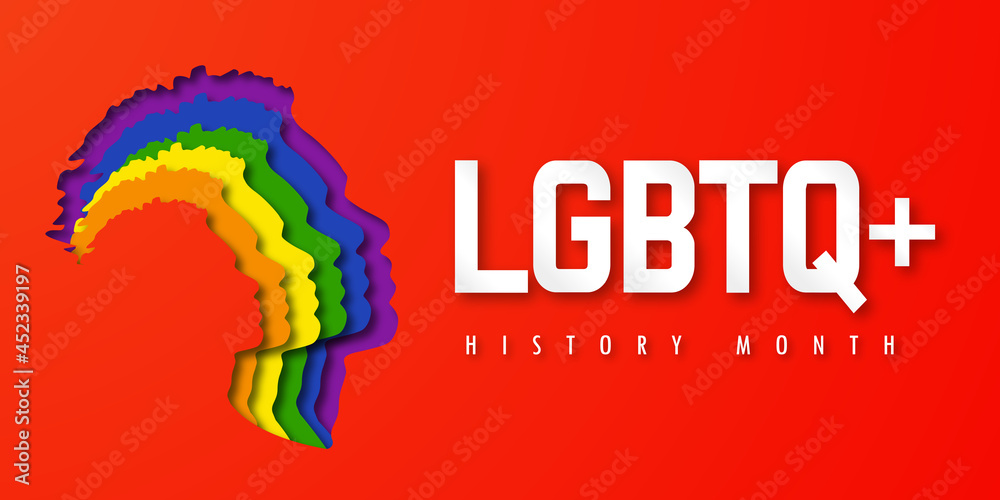 Design LGBTQ+ HISTORY MONTH.  People's faces look up in LGBT colors. Paper cut. Minority problem. PRIDE parade. Coexistence harmony and multicultural community integration. Illustration - obrazy, fototapety, plakaty 